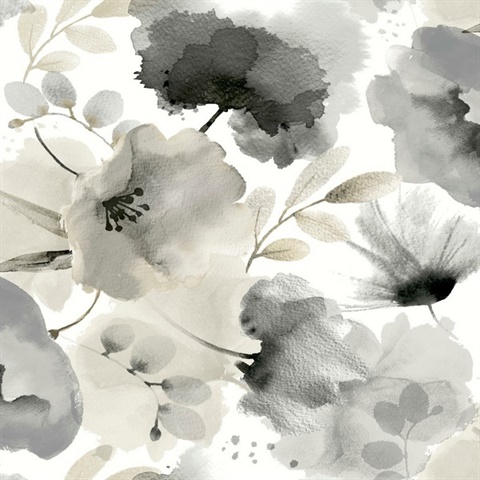 Charcoal Large Watercolor Floral Wallpaper