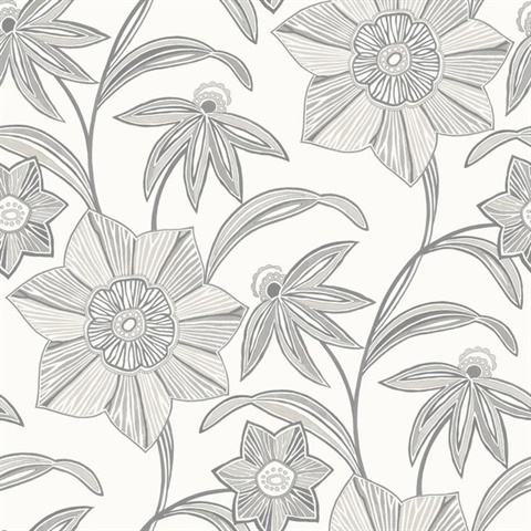Charcoal Star Flower Coastal Floral Wallpaper