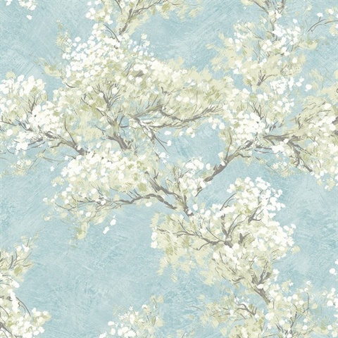 Cherry Blossom Grove Floral Blue Mist & Green Tea Peel and Stick Wallp