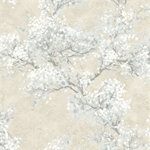 Cherry Blossom Grove Floral Parchment & Morning Fog Peel and Stick Wal