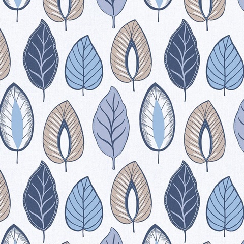 Chic Leaf Blue, Navy Blue & Taupe Retro Wallpaper