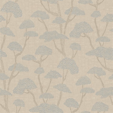 Chinoiserie Blue Tree Motif Textured Fabric Wallpaper