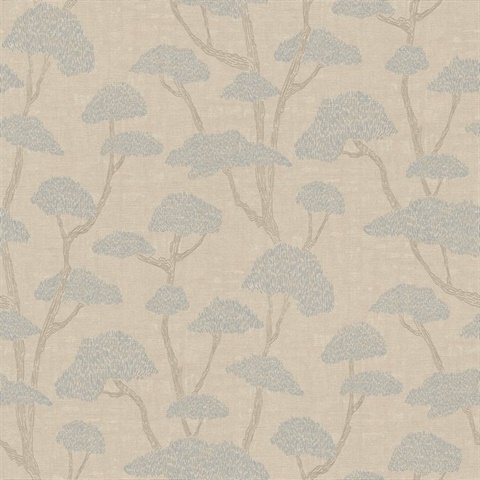 Chinoiserie Blue Tree Motif Textured Fabric Wallpaper