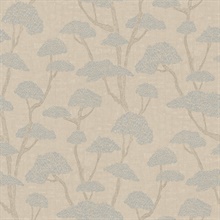 Chinoiserie Blue Tree Motif Textured Fabric Wallpaper