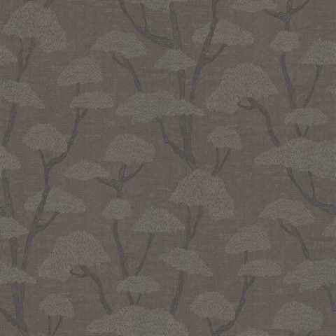 Chinoiserie Charcoal Tree Motif Textured Fabric Wallpaper