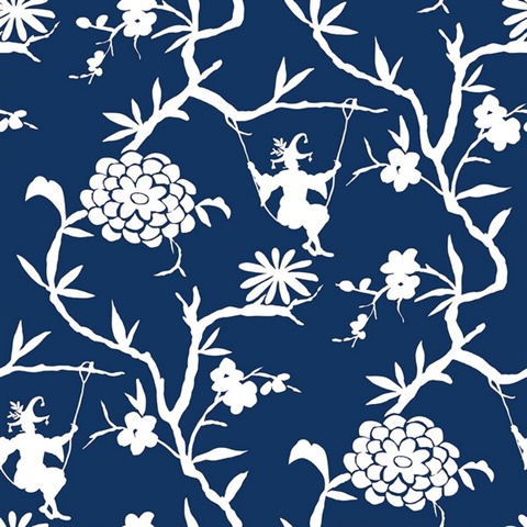 Chinoiserie Chinoiserie Silhouette Navy Blue Peel and Stick Wallpaper