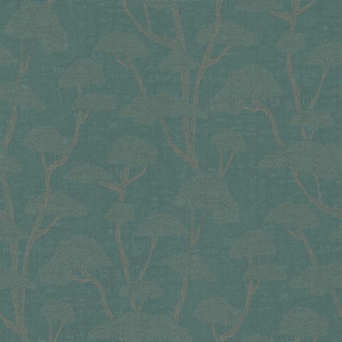 Chinoiserie Green Tree Motif Textured Fabric Wallpaper