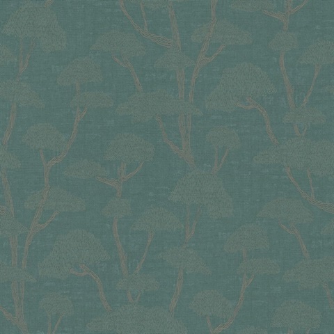 Chinoiserie Green Tree Motif Textured Fabric Wallpaper