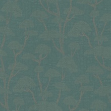 Chinoiserie Green Tree Motif Textured Fabric Wallpaper