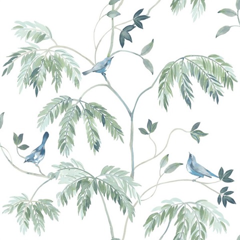 Cillian Blue Botanical Bird Trail Wallpaper