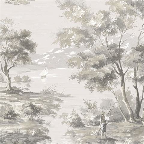 Classic French Countryside Black & Taupe Toile Wallpaper