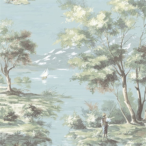 Classic French Countryside Turquoise  Toile Wallpaper