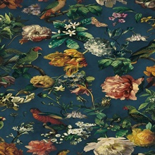 Claude Navy Tropical Floral Leaf and Parakeet Bird Wallpaper