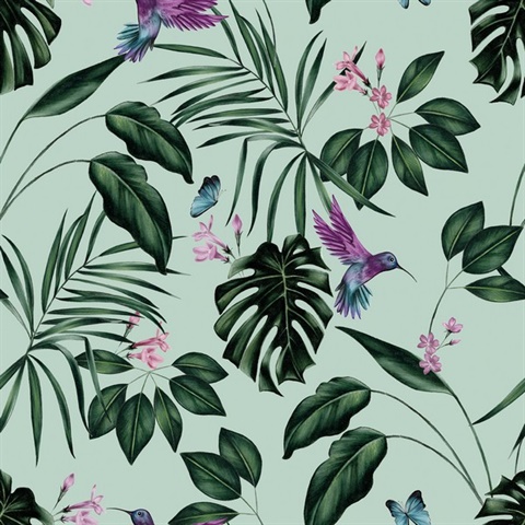 Clivia Mint Hummingbird Palm Leaf Wallpaper