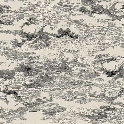 Clouds Illustration Beige & Black Peel and Stick Wallpaper