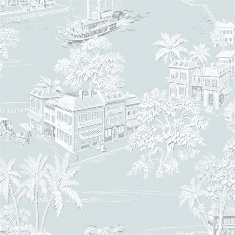 Coastline Toile Toile Blue Mist Peel and Stick Wallpaper