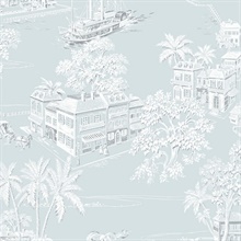 Coastline Toile Toile Blue Mist Peel and Stick Wallpaper