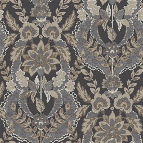 Collins Charcoal Damask Wallpaper