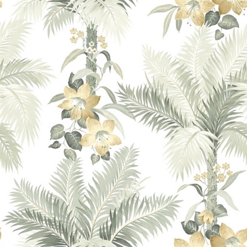 Copeland Grey and White Tropical Leaf Wallpaper