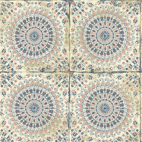 Coral, Cream & Midnight Blue Commercial Mandala Wallpaper