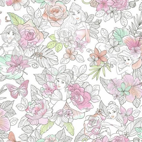 Coral Disney Princess Royal Floral Wallpaper