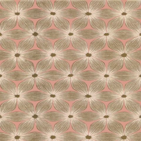 Coral & Gold Everlasting Foil Floral Trellis Wallpaper