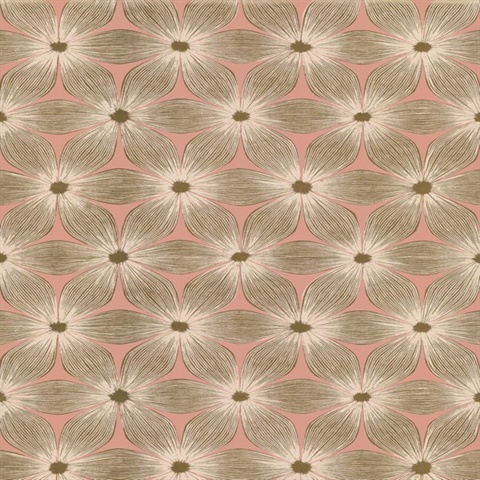 Coral & Gold Everlasting Foil Floral Trellis Wallpaper