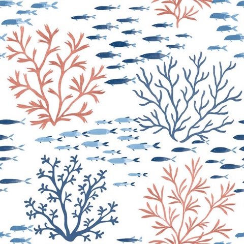 Coral & Navy Blue Marine Garden Fish and Coral Wallpaper