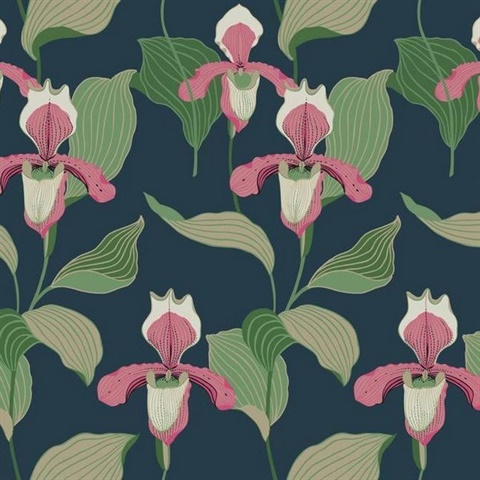 Coral & Navy Lady Slipper Floral Wallpaper