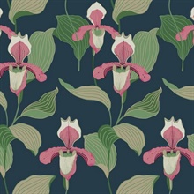 Coral &amp; Navy Lady Slipper Floral Wallpaper