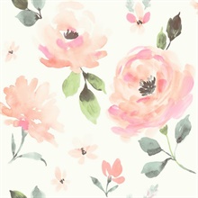 Coral Watercolor Blooms Peel and Stick Wallpaper