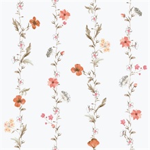 Coral &amp; White Vertical Vine Stripe Floral Wallpaper