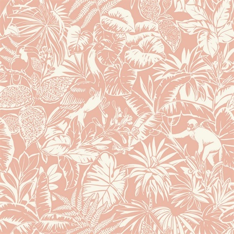 Corcovado Coral Jungle Jamboree Tropical Leaf & Monkey Wallpaper