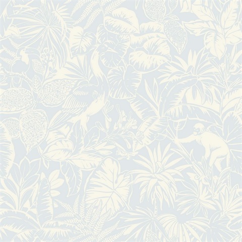 Corcovado Light Blue Jungle Jamboree Tropical Leaf & Monkey Wallpaper