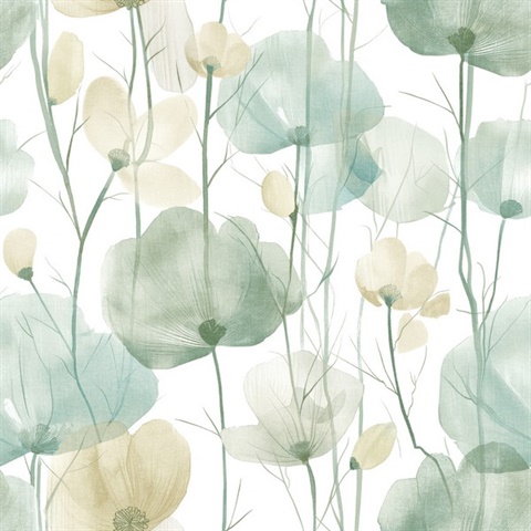 Cotswolds Poppies Aqua Floral Wallpaper
