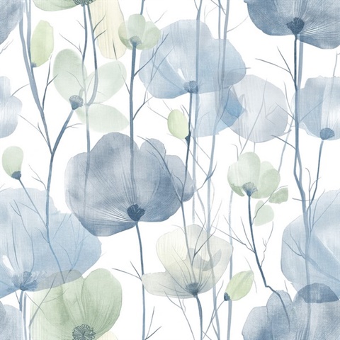 Cotswolds Poppies Blue Floral Wallpaper