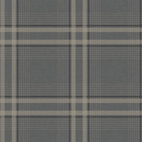 Country Club Plaid Charcoal Grey Faux Linen Wallpaper