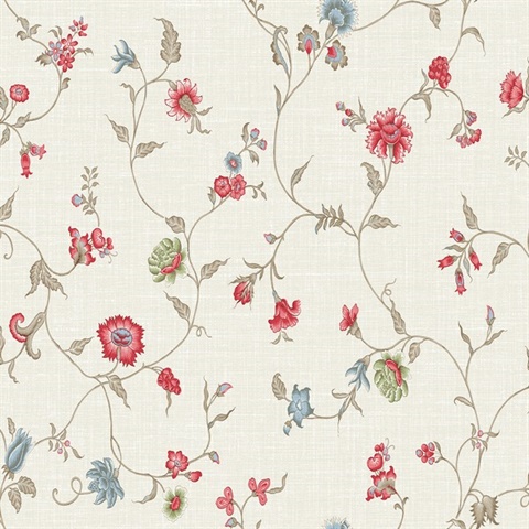 Cranberry & Blue Bell Floral & Leaf Vine Toile Florale Trail Wallpaper