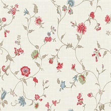 Cranberry &amp; Blue Bell Floral &amp; Leaf Vine Toile Florale Trail Wallpaper