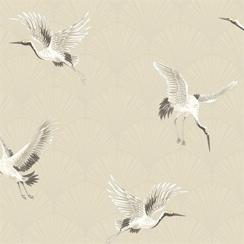 Cranes Animal Print Alba Beige Peel and Stick Wallpaper