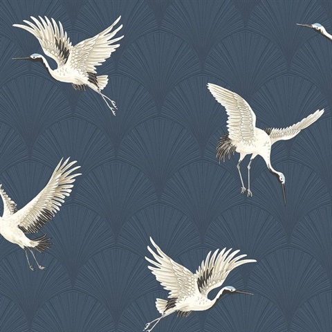 Cranes Animal Print Denim Blue Peel and Stick Wallpaper