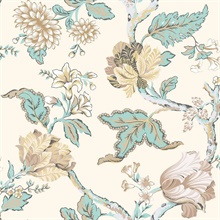 Cream, Blue & Beige Commercial Jacobean Wallpaper