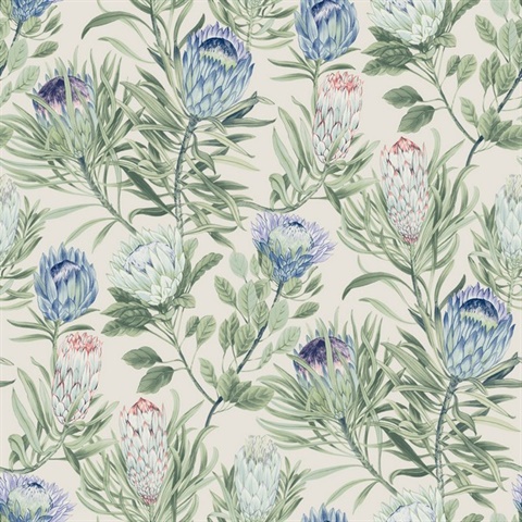 Cream & Blue Large Drawn Protea Floral & Leaf Wallpaper