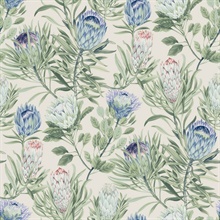 Cream & Blue Large Drawn Protea Floral & Leaf Wallpaper