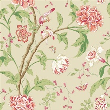 Cream & Coral Screenprint & Painted Floral & Leaf Wallpaper