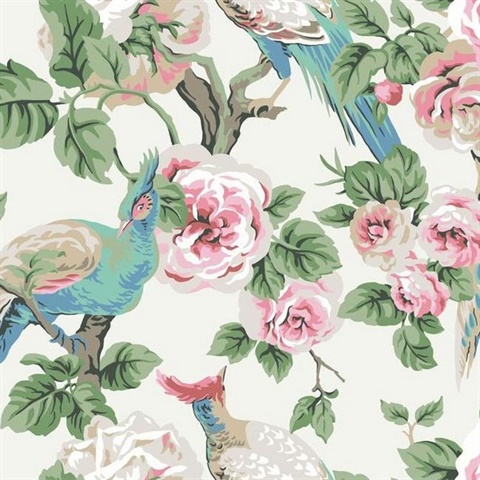 Cream, Light Blue &amp; Pink Garden Plume Wallpaper