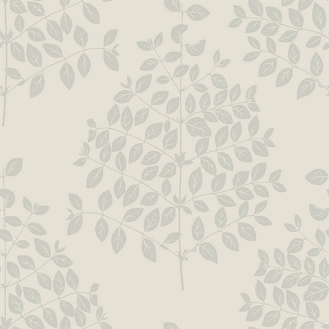 Cream & Silver Tender Block Print Metallic Leaf Branch Wallpaper