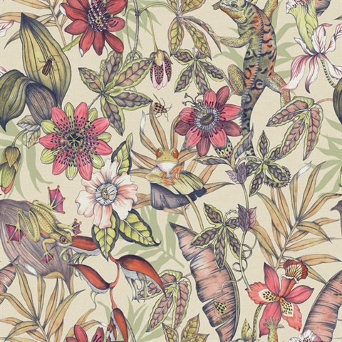 Cream Sketched Rainforst with Floral & Leaf Wallpaper
