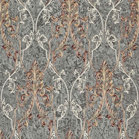 Damasco Samba Pewter Scroll Damask Wallpaper