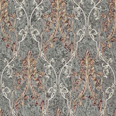 Damasco Samba Pewter Scroll Damask Wallpaper